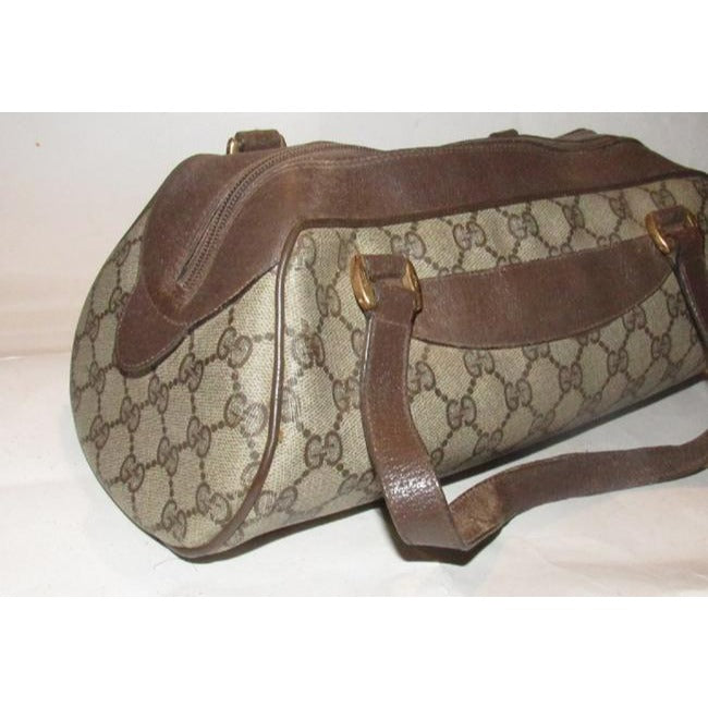 Gucci Vintage Purses Brown Large G Logo Print Coated Canvas And Brown Leather Satchel
