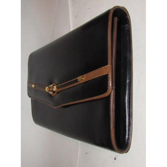 Gucci Vintage Pursesdesigner Purses Glossy Black Leather With Brown Leather Trim And Gold Equestrian