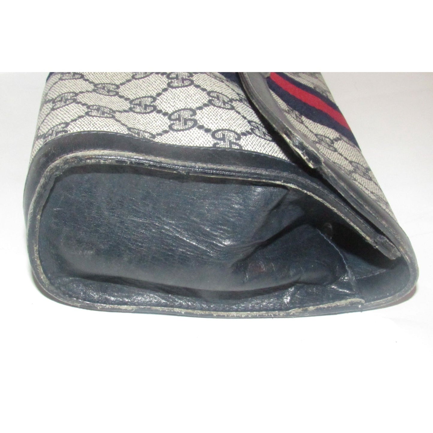 Gucci, navy Guccissima print coated canvas & leather, clutch or cosmetic bag with a red & blue Sherry striped center and envelope top