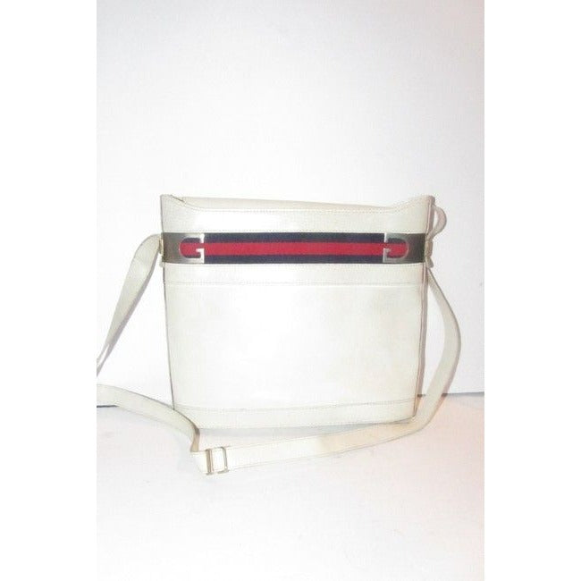 Gucci White Hard Boxy Leather Bucket Bag w red/blue stripe