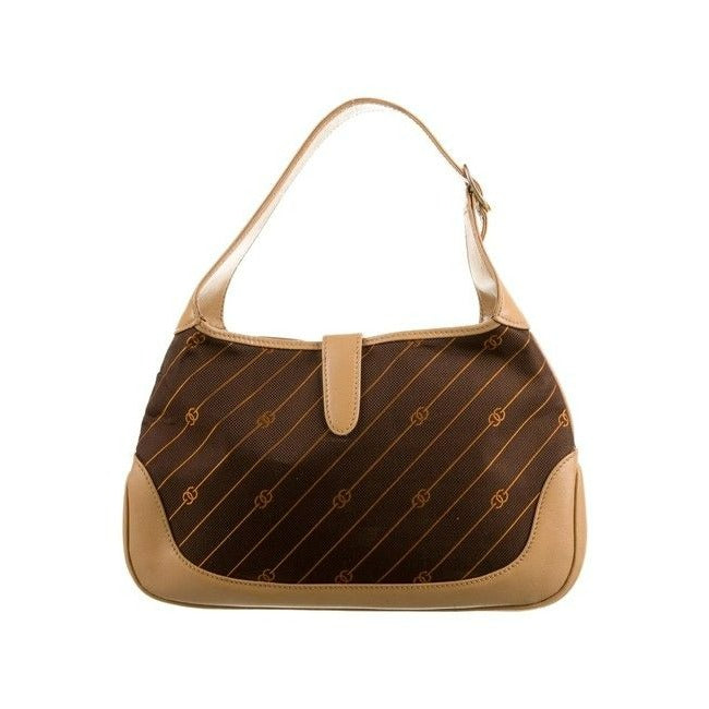 Gucci Diagonal Logo Print Canvas & Leather Jackie Hobo w Extender in Shades Of Brown