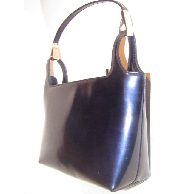 Gucci Top Handle Bag Structured Navy Glossy Patent Leather And Satchel
