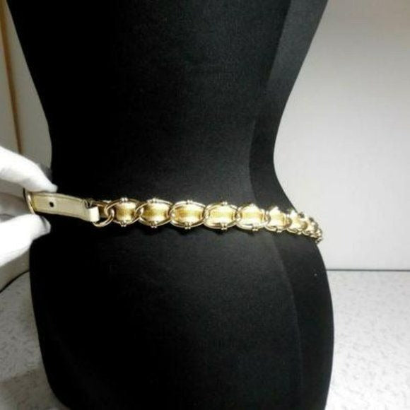 Amazing, Gucci Gold Tone Chain with a Yellow & White Striped Ribbon Woven Throughout with White Leather
