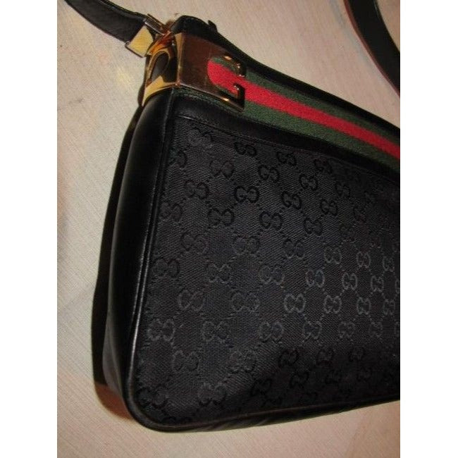 Gucci W Guccissima Canvasleather Sherry Stripe Top Black G Printred And Green Canvas Leather Shoulde