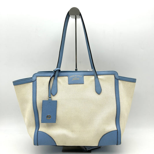 GUCCI Linen Canvas Calfskin Swing Top Handle Bag Mineral Blue LA15121