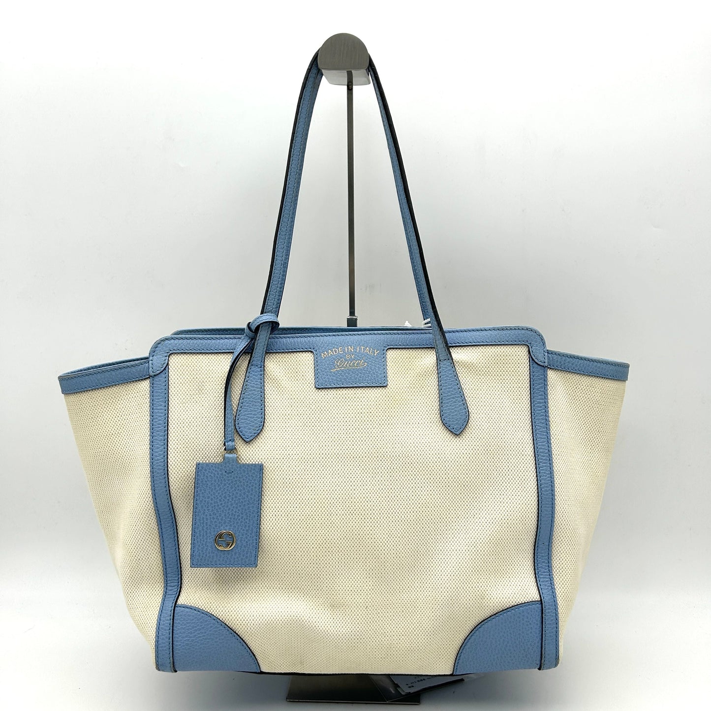 GUCCI Linen Canvas Calfskin Swing Top Handle Bag Mineral Blue LA15121