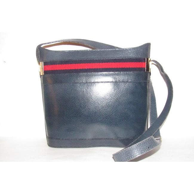 Gucci Blue Hard Boxy Leather Bucket Bag w red/blue stripe