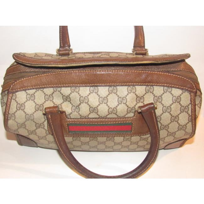 Gucci Xl W Guccissima Print Canvasleather Stripe Brown Coated Canvas And Leather Satchel