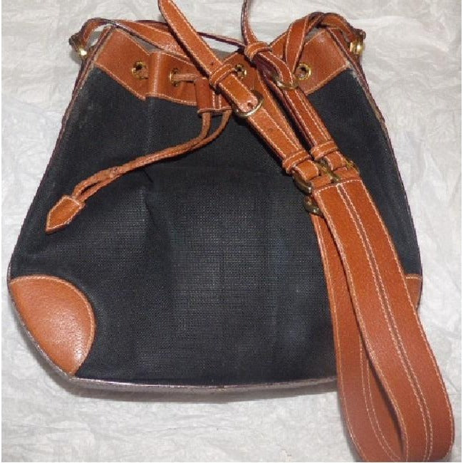 Gucci Black Linen And Camel Leather Bucket Bag With Equestrian Strap