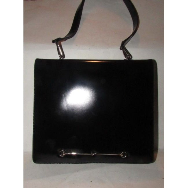 Gucci Vintage Pursesdesigner Purses Black Glossy Leather With Large Horse Bit Accent Satchel