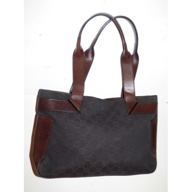 Gucci Black Denim With Brown Large G Logo Print And Brown Leather Tote