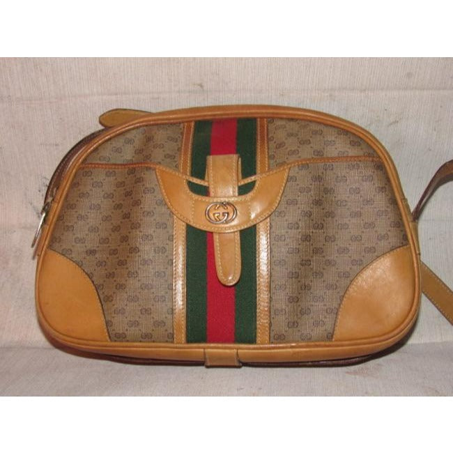 Gucci Gucci, unique, RARE, camel leather & brown small G logo, coated canvas, top zip, camera bag/bowler style, cross body