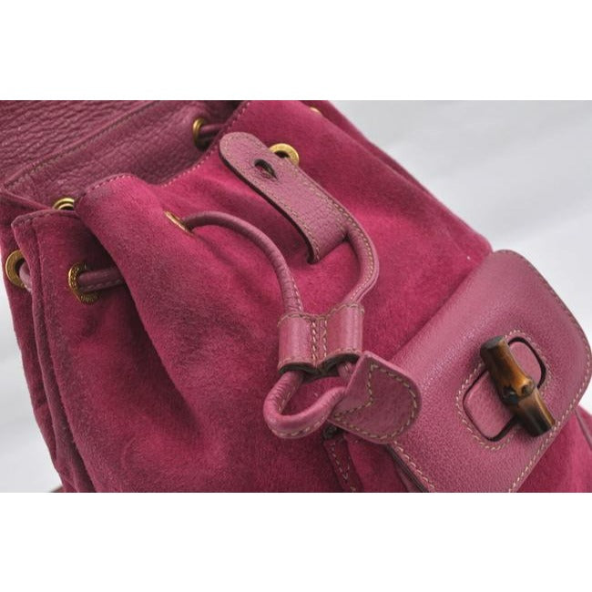 Gucci Suede Leather With Handle Fuchsia Gold Bamboo Suede And Leather Backpack