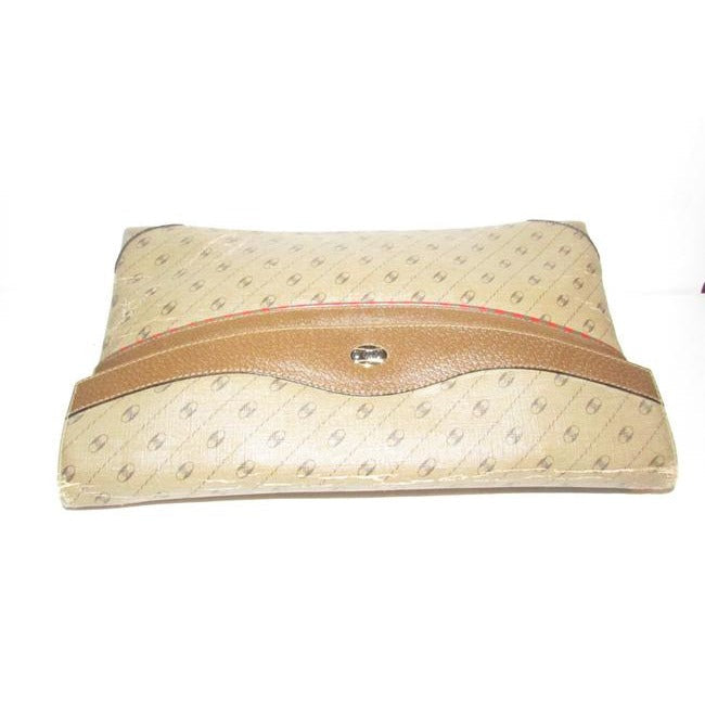 Gucci Brown Diagonal Link Print Clutch w Double Flap Top & Red & Green Trim