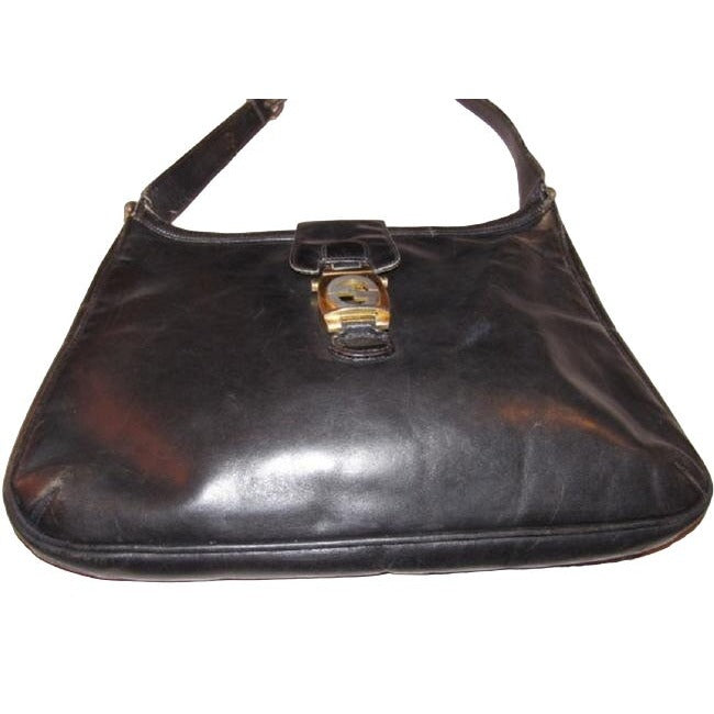 1950s Gucci Vintage Bluish Black Leather Jackie Hobo Bag