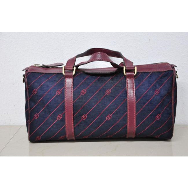Gucci Navy Canvas w Red Diagonal Logo Print & Burgundy Leather Boston Bag