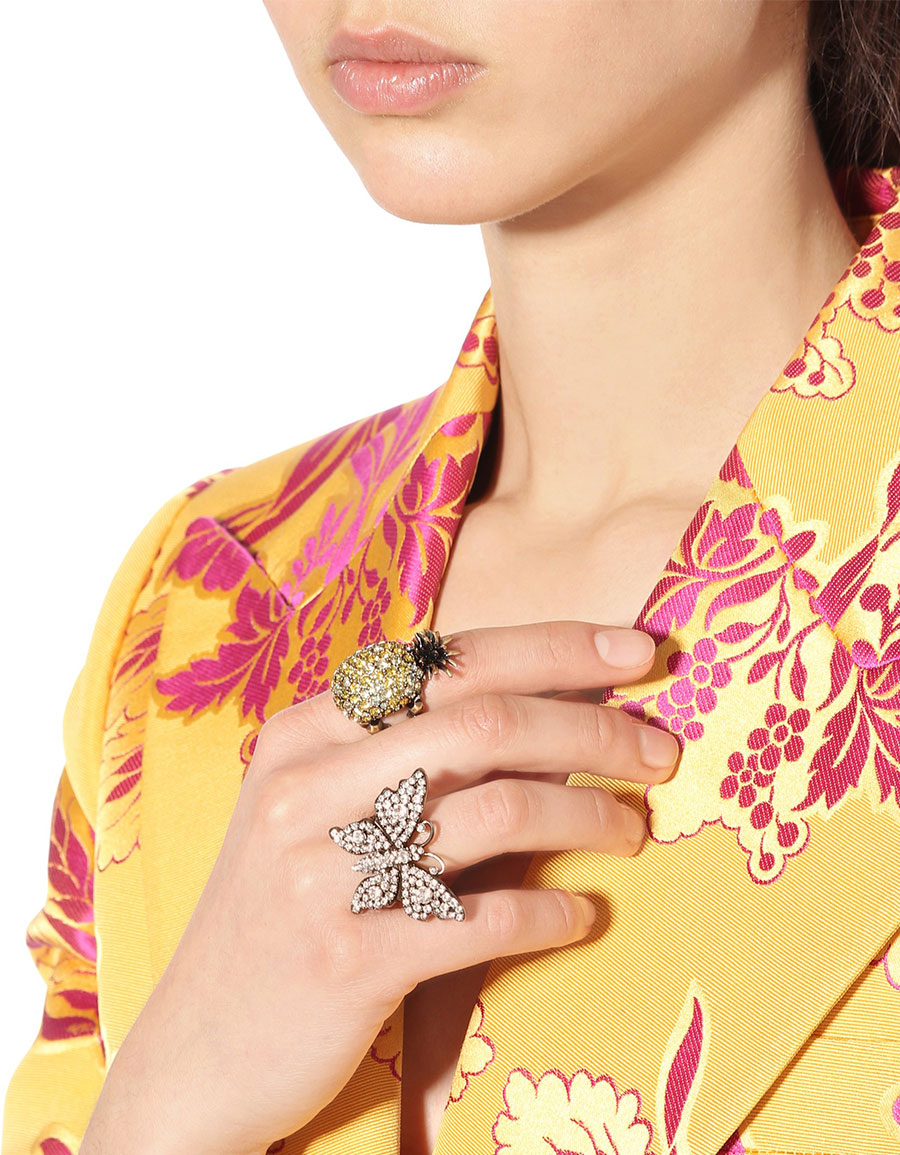 Gucci Crystal Embellished Butterfly Motif Ring in Silver