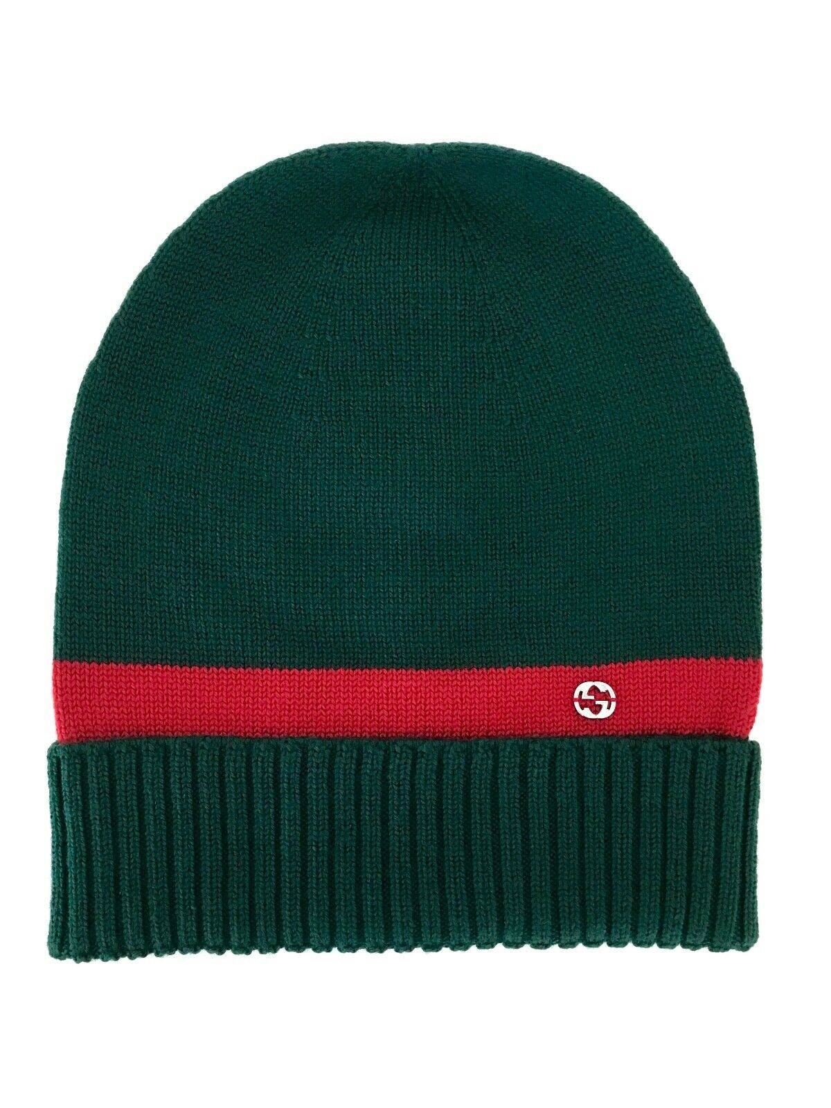 Gucci GG Green Wool Beanie with Red Stripe