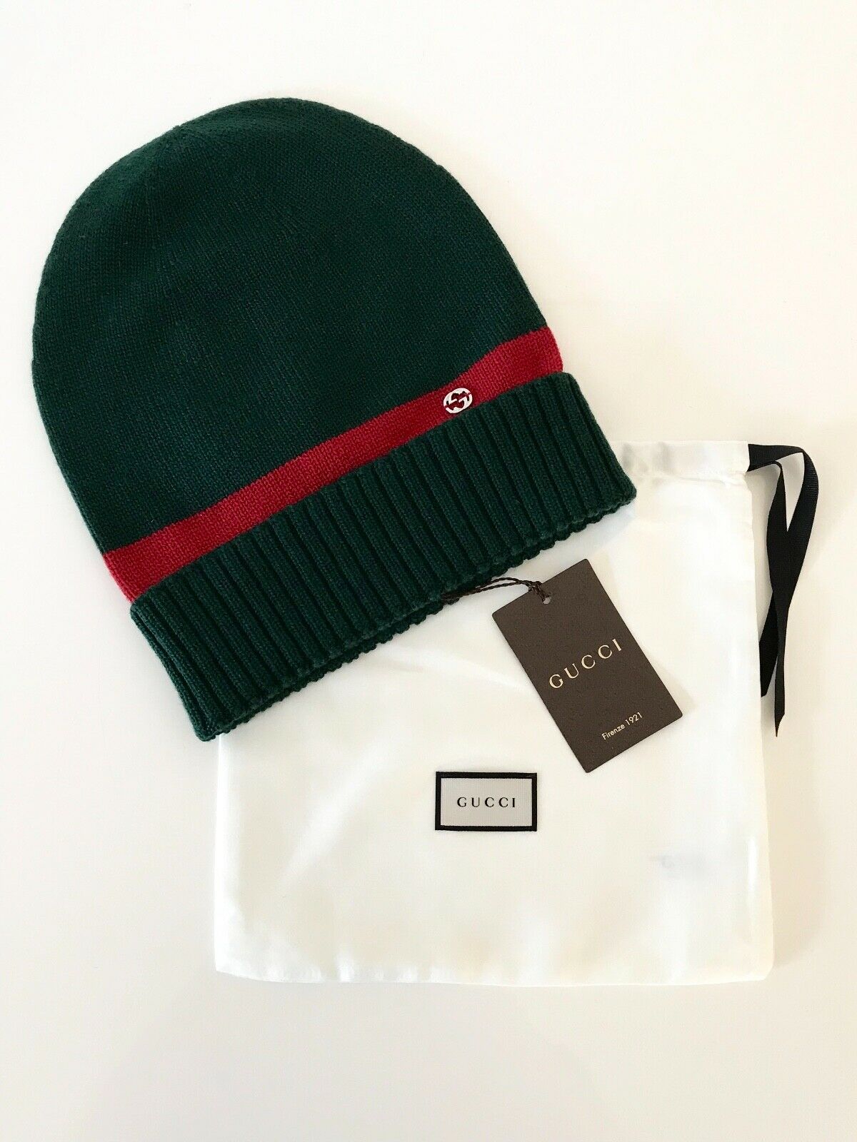 Gucci GG Green Wool Beanie with Red Stripe
