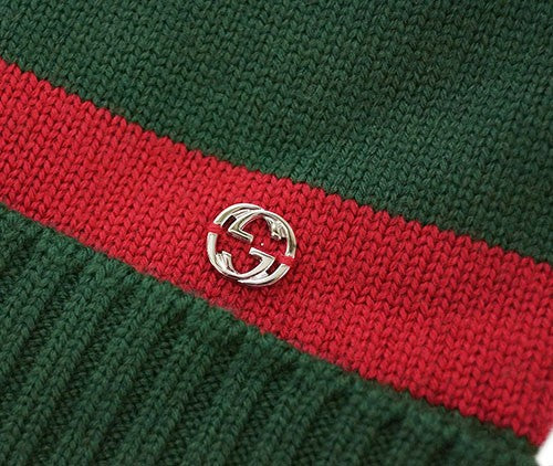 Gucci GG Green Wool Beanie with Red Stripe