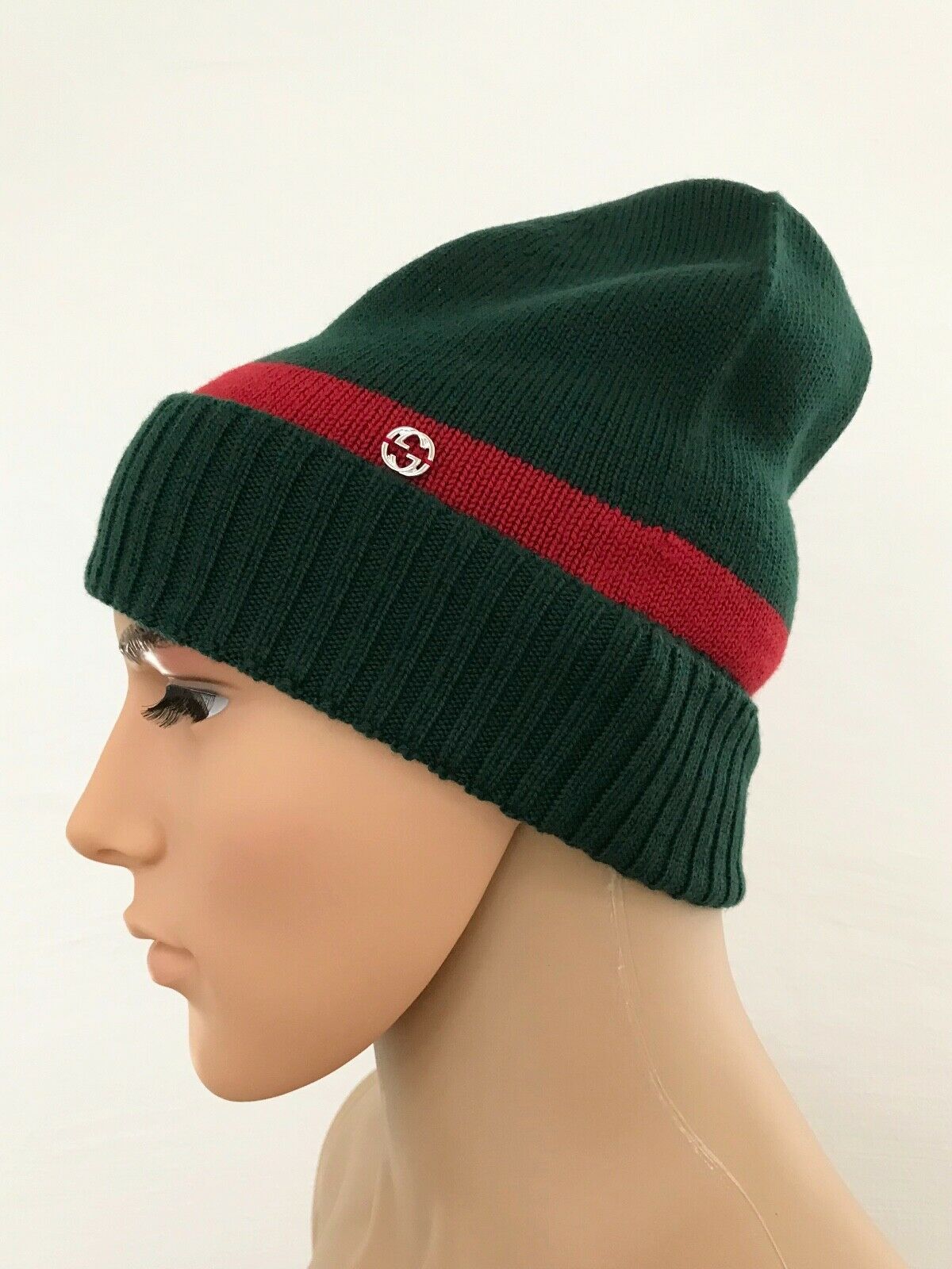 Gucci GG Green Wool Beanie with Red Stripe