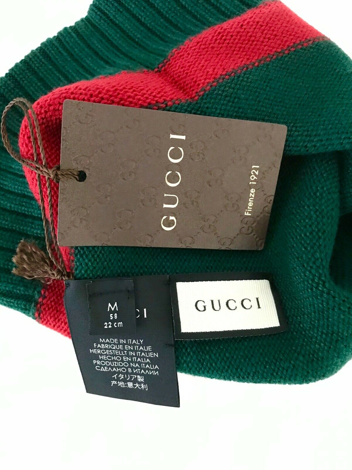 Gucci GG Green Wool Beanie with Red Stripe