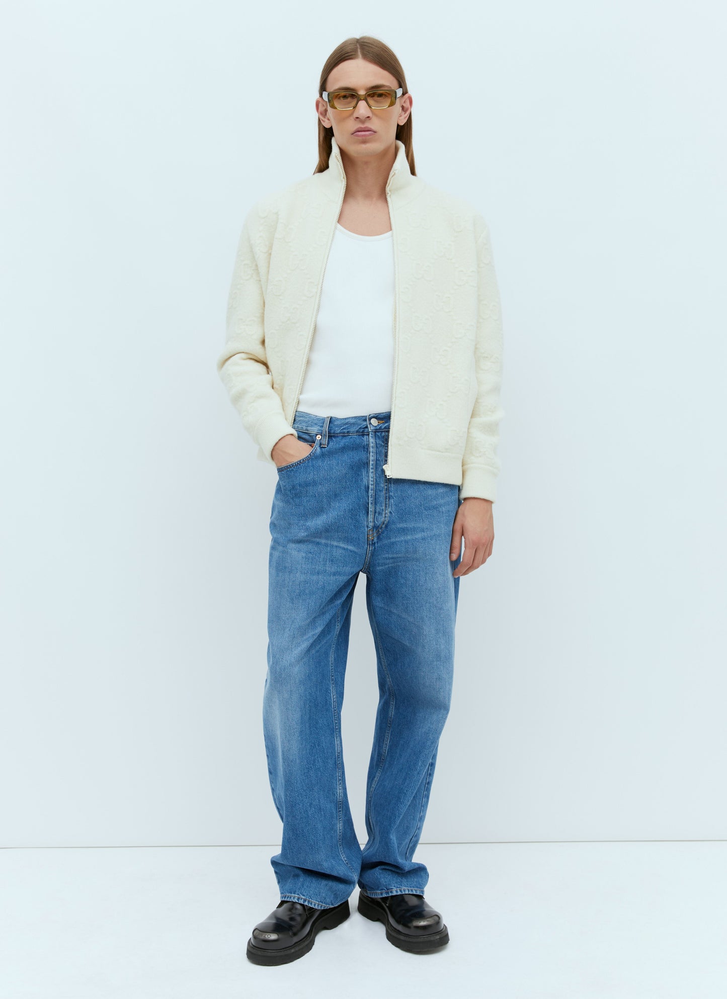 Gucci Men Gg Felted Wool Knit Jacket