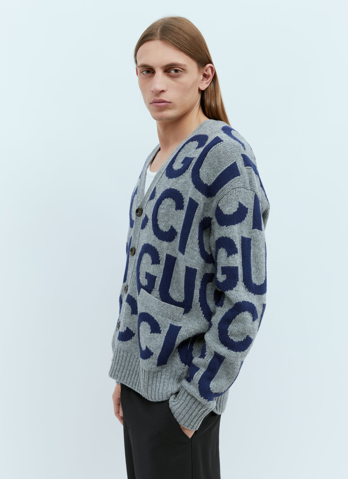 Gucci Men Logo Intarsia Wool Cardigan