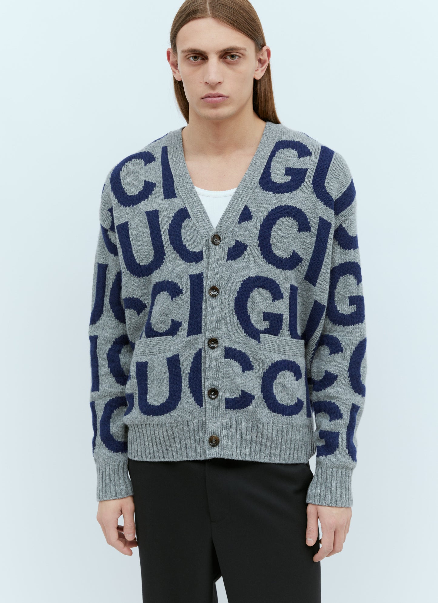 Gucci Men Logo Intarsia Wool Cardigan