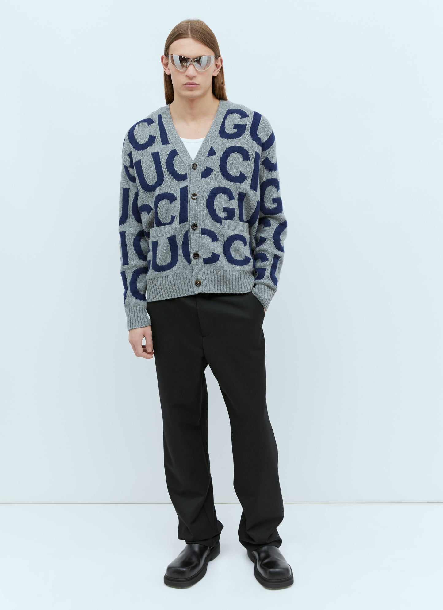 Gucci Men Logo Intarsia Wool Cardigan