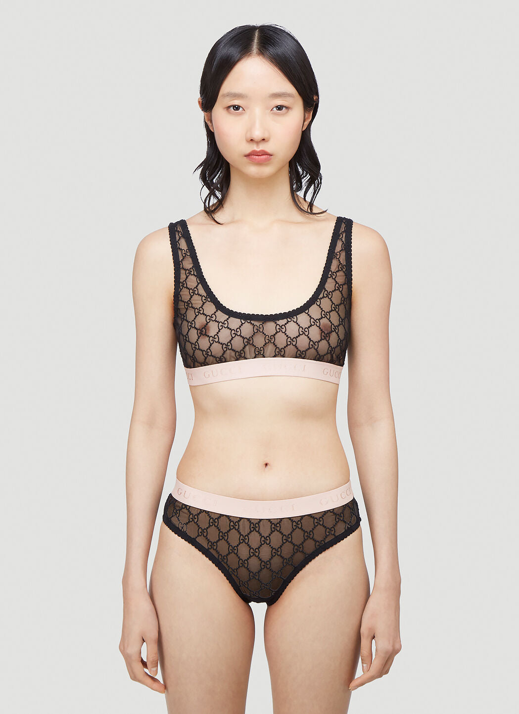Gucci Women Gg Logo Sheer-Lace Lingerie Set