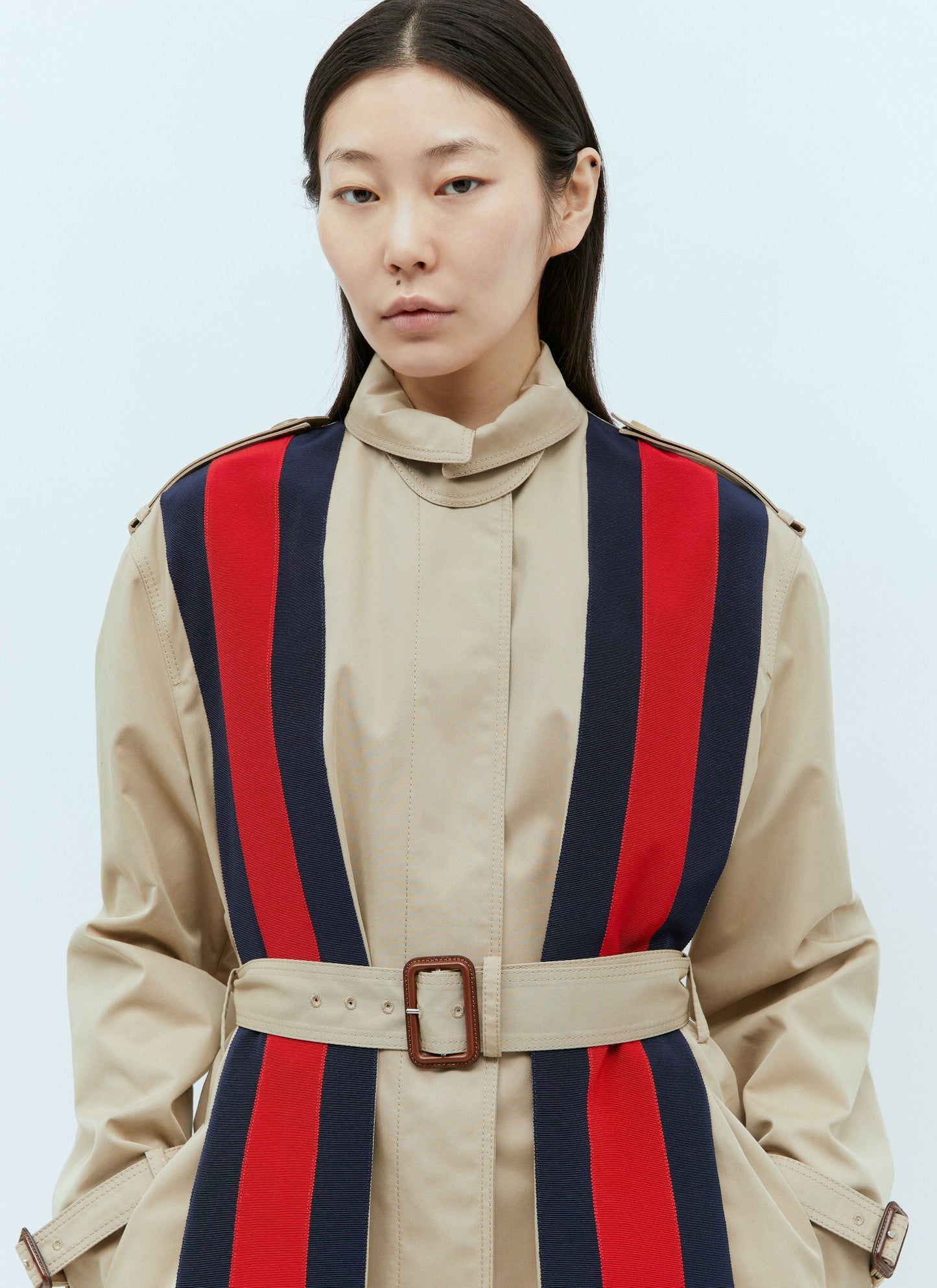 Gucci Women Gabardine Trench Coat With Web Stripe