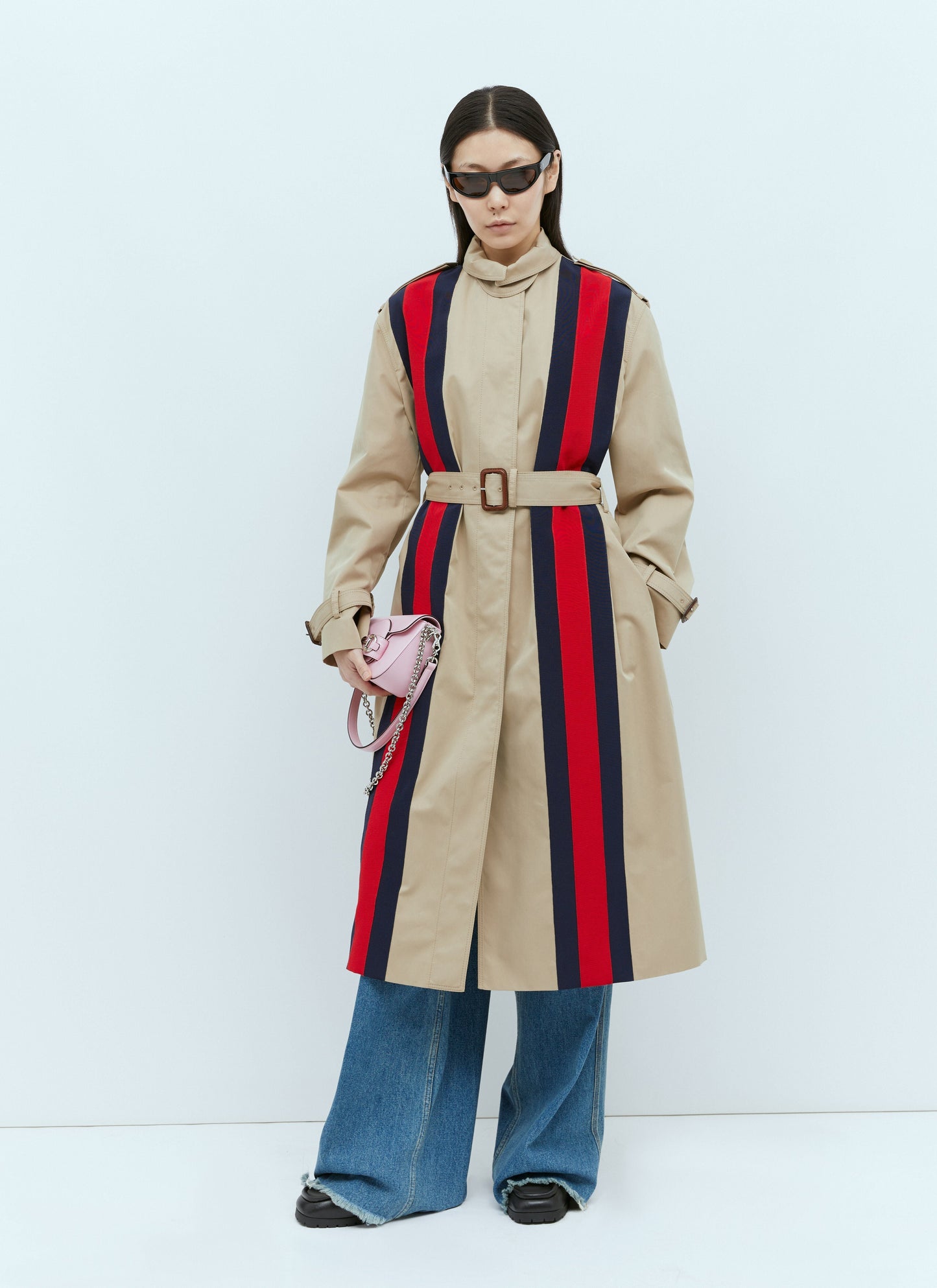 Gucci Women Gabardine Trench Coat With Web Stripe