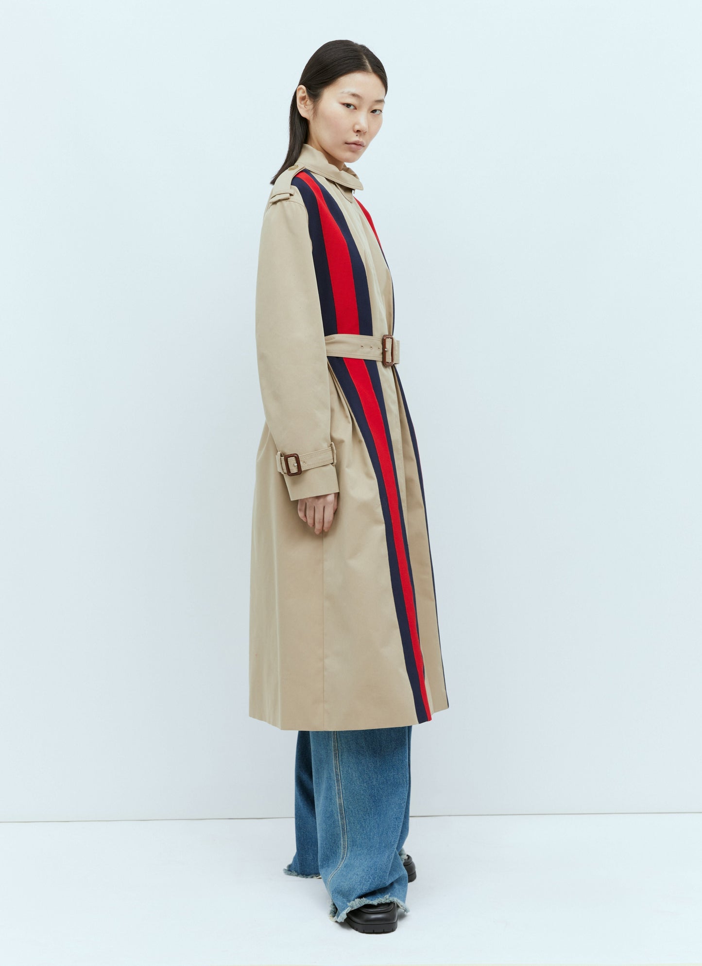 Gucci Women Gabardine Trench Coat With Web Stripe