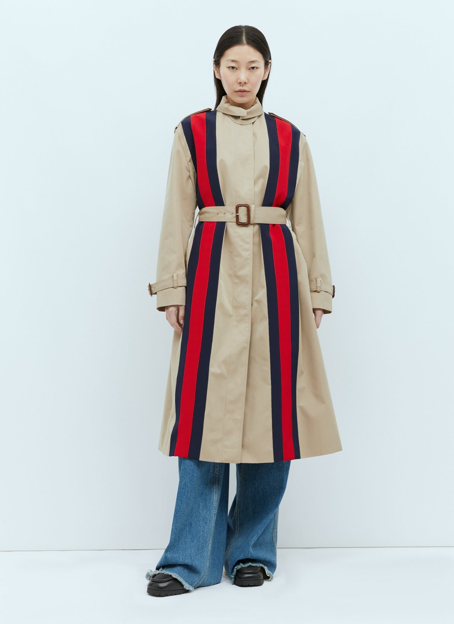 Gucci Women Gabardine Trench Coat With Web Stripe