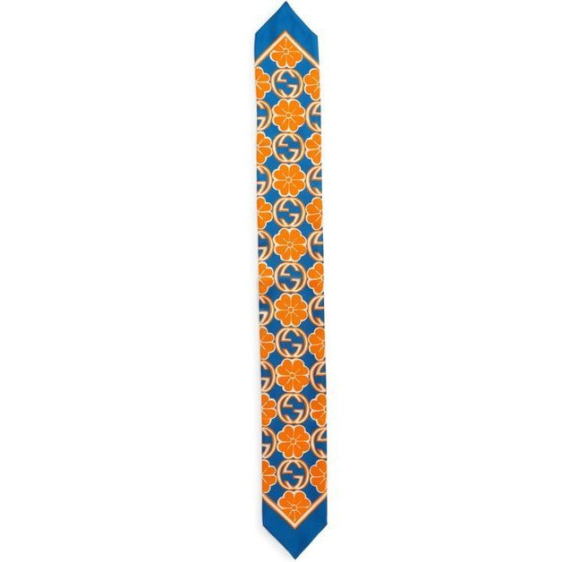 Gucci GG Flower Silk Foily Skinny Scarf in Blue