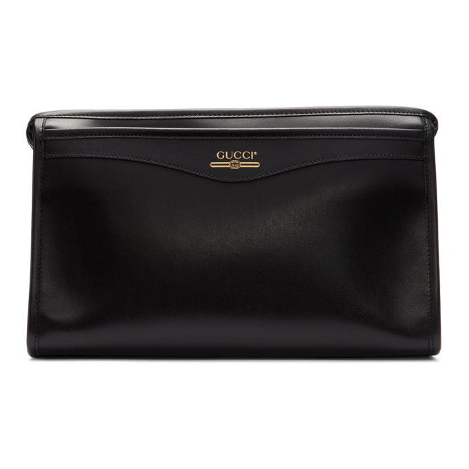 Gucci Metallic Print Logo Smooth Leather Clutch in Black