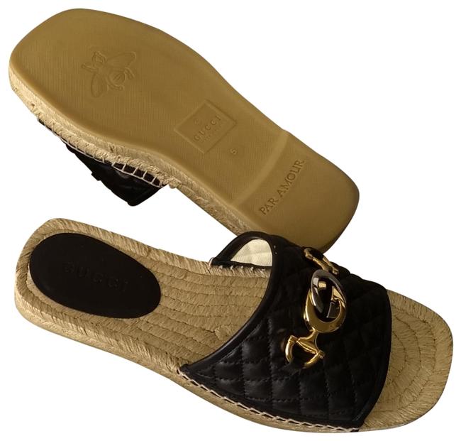 Gucci Horsebit Quilted Espadrille Slide Sandals in Black