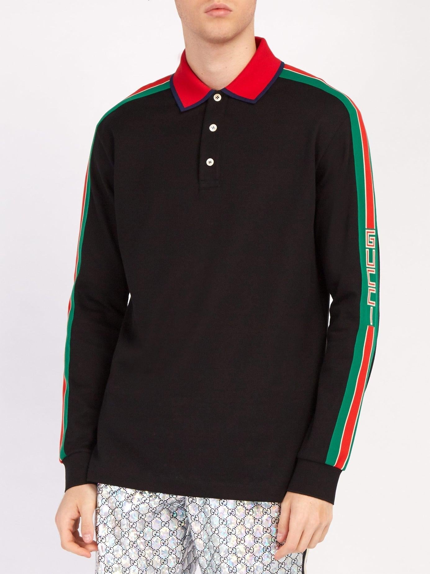 Gucci Web-stripe Detail Long Sleeve Polo in Black