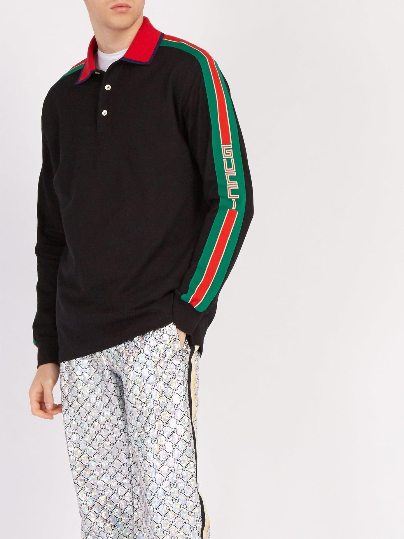 Gucci Web-stripe Detail Long Sleeve Polo in Black