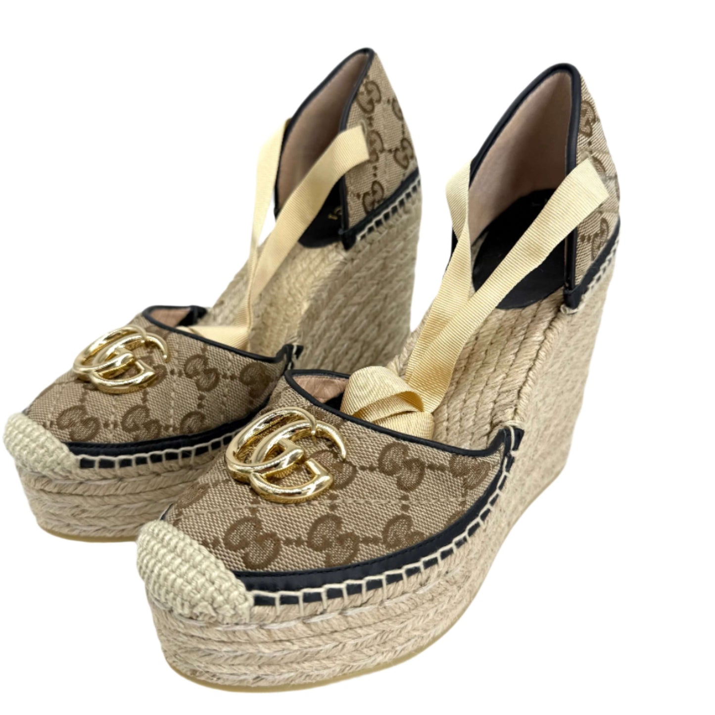 Gucci GG Marmont Monogram Matelassé Espadrille Wedges – Beige, Ebony &amp; Sand Storm (Size 36)