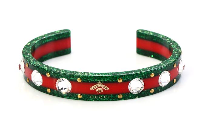 Gucci Open Stripe Cuff with Crystal Bee in Red and Green