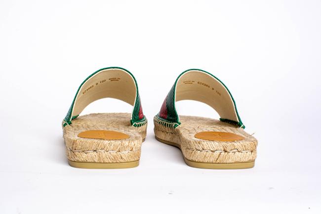 Gucci Green and Red Web Striped Espadrille Slides in Beige
