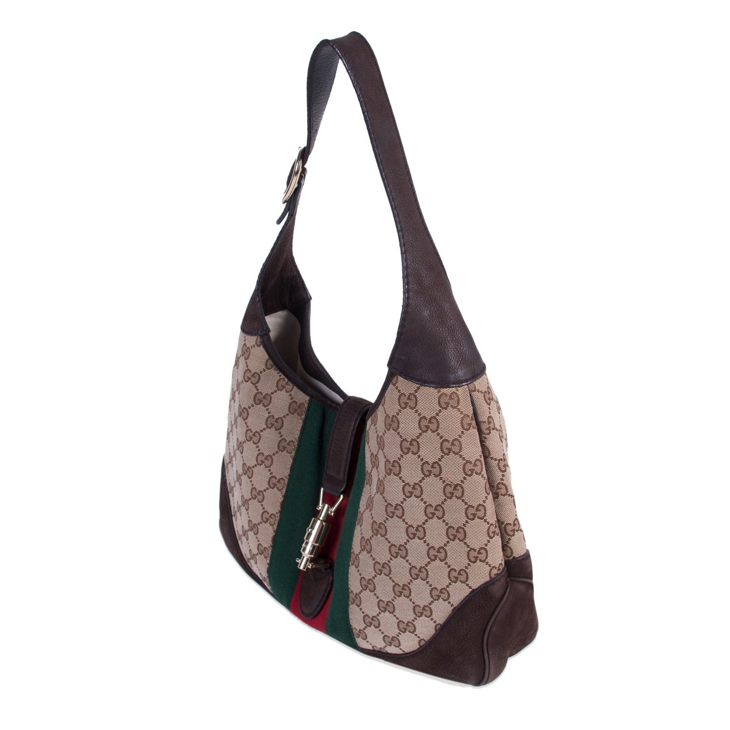 Gucci Jackie Web Stripe Canvas Suede Shoulder Bag