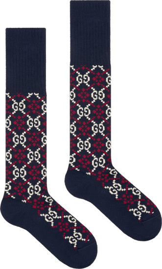 Gucci GG Diamond Socks in Navy/ Ivory