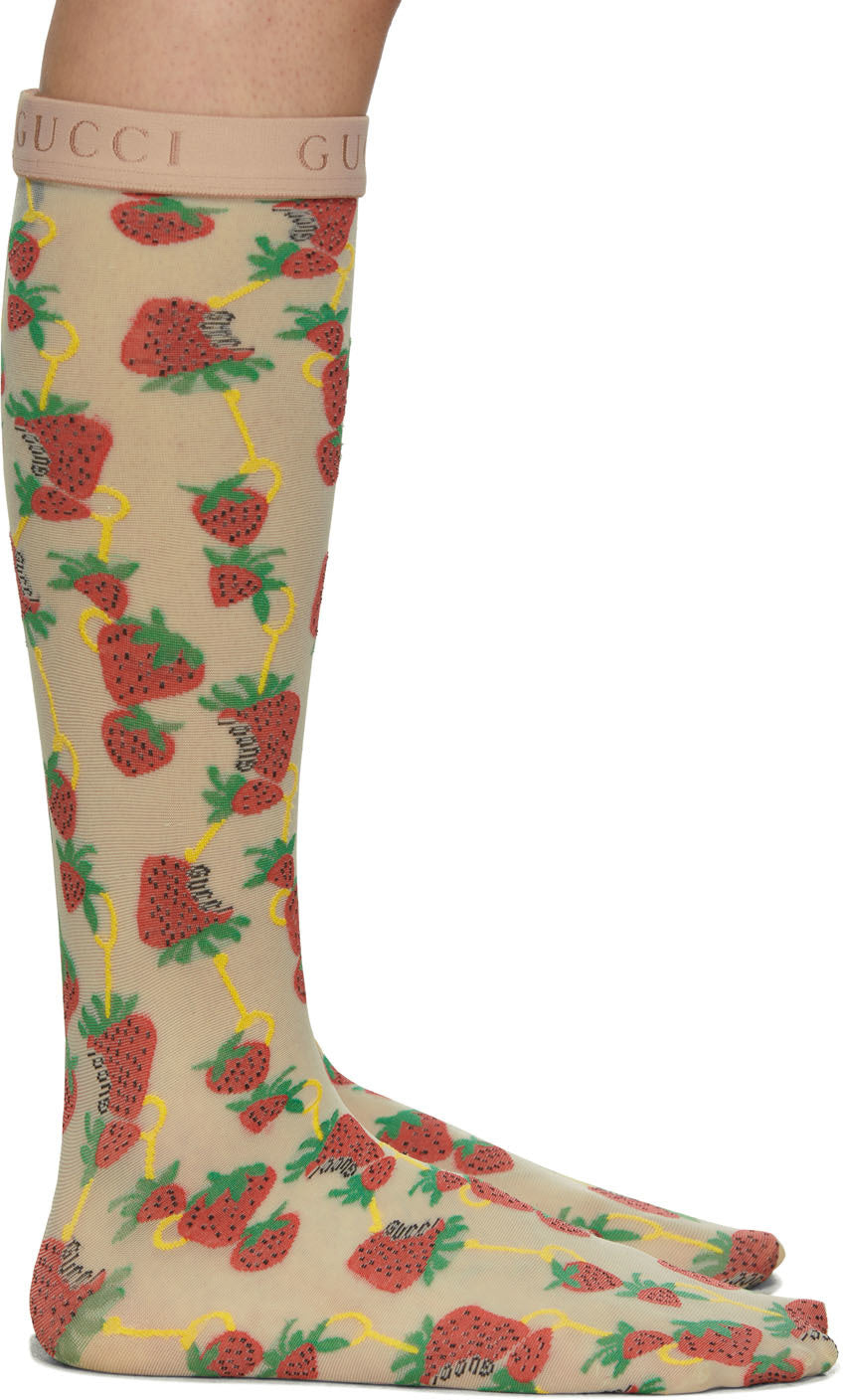 Gucci Strawberry Horse-bit Pattern Socks in White