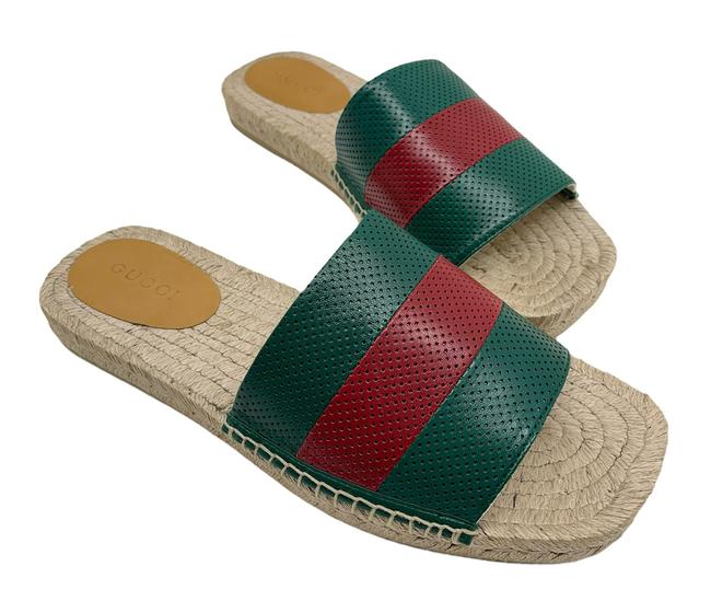 Gucci Green and Red Web Striped Espadrille Slides in Beige