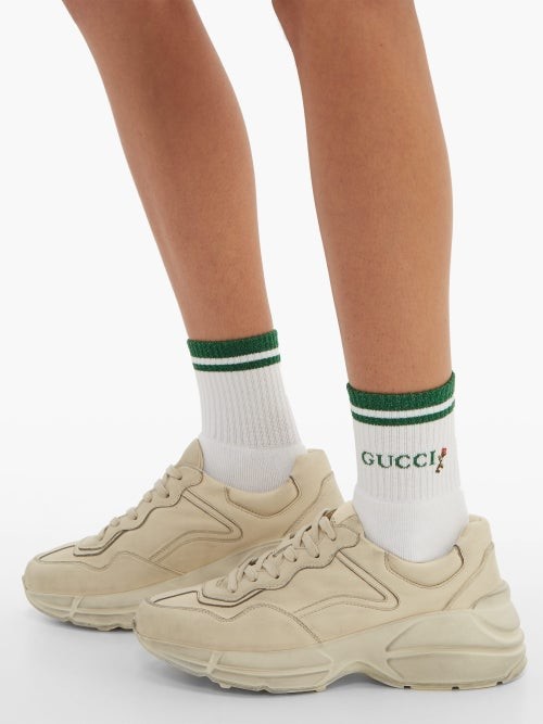 Gucci Rose-embroidered Cotton Ankle Socks in White and Green