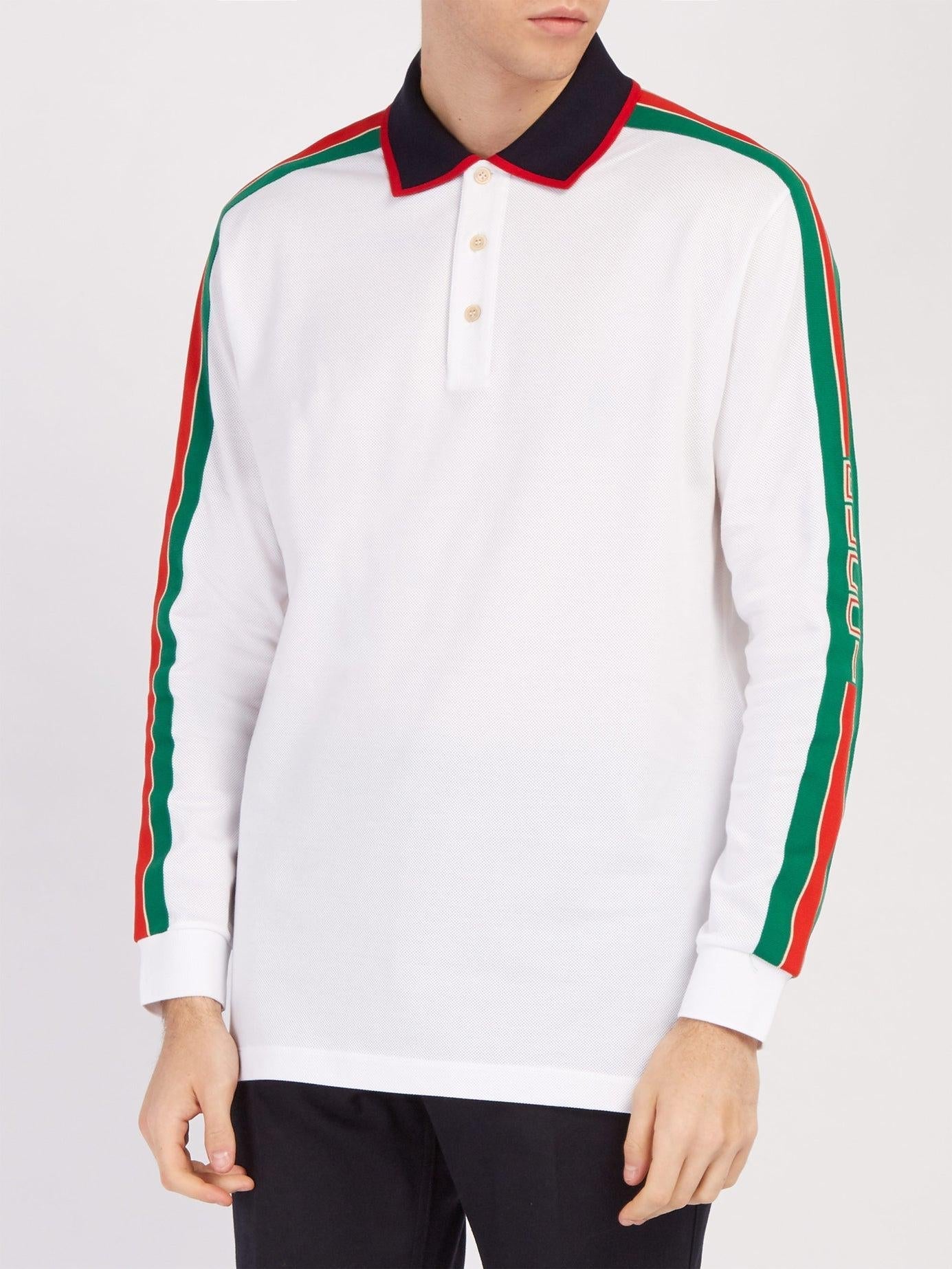 Gucci Web-stripe Detail Long Sleeve Polo in White