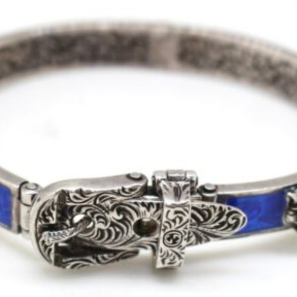 GUCCI Sterling Silver with Blue Enamel and Feline Faces Buckle Bangle Bracelet